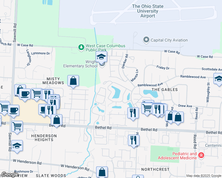map of restaurants, bars, coffee shops, grocery stores, and more near 63 Antigua Drive in Columbus