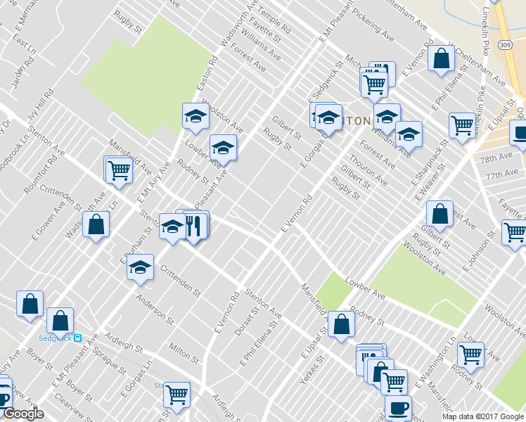 map of restaurants, bars, coffee shops, grocery stores, and more near 1033 East Gorgas Lane in Philadelphia