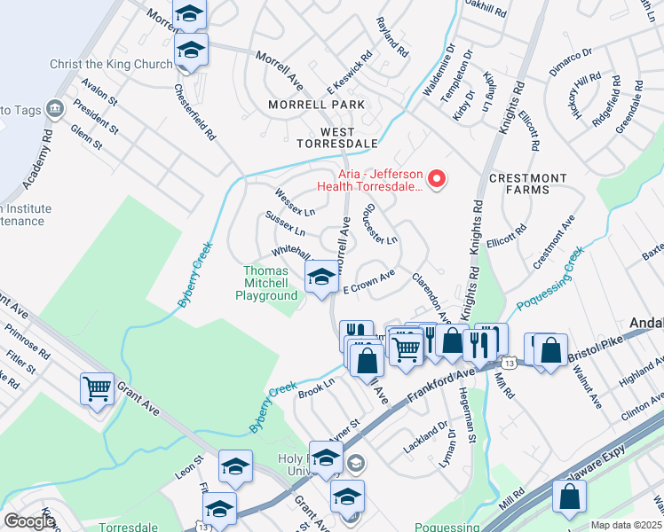 map of restaurants, bars, coffee shops, grocery stores, and more near 3640 Morrell Avenue in Philadelphia
