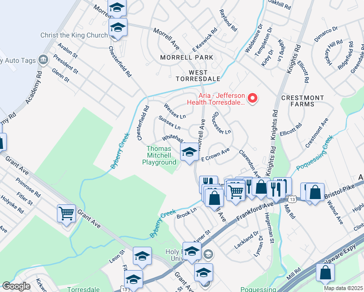 map of restaurants, bars, coffee shops, grocery stores, and more near 3660 Whitehall Lane in Philadelphia