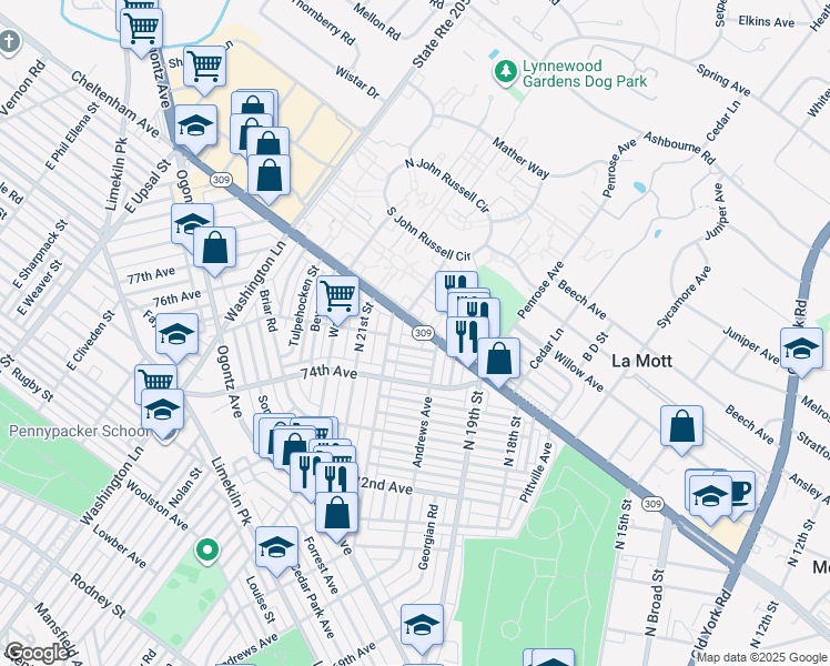 map of restaurants, bars, coffee shops, grocery stores, and more near 1976 West Cheltenham Avenue in Philadelphia