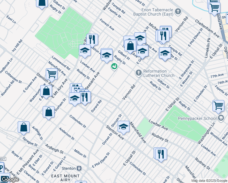 map of restaurants, bars, coffee shops, grocery stores, and more near 1033 East Gorgas Lane in Philadelphia