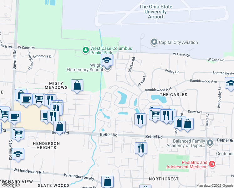 map of restaurants, bars, coffee shops, grocery stores, and more near 63 Antigua Drive in Columbus