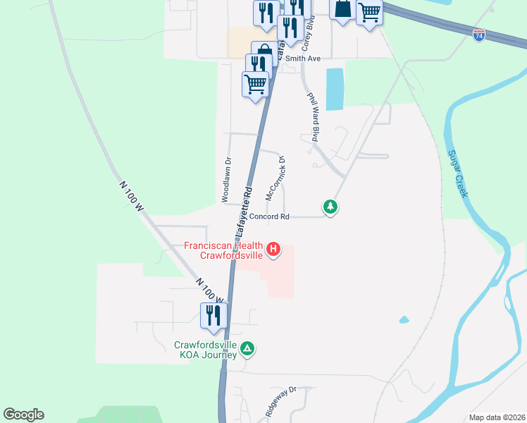 map of restaurants, bars, coffee shops, grocery stores, and more near 219 Concord Road in Crawfordsville