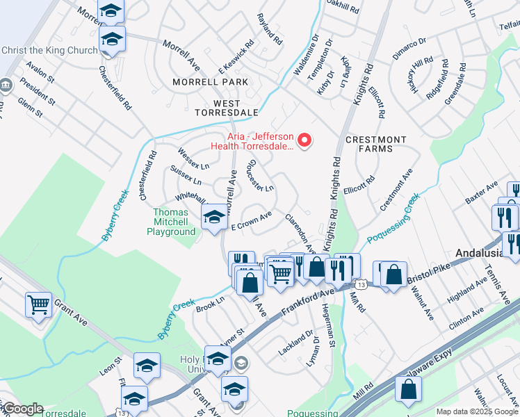 map of restaurants, bars, coffee shops, grocery stores, and more near 3601 Essex Lane in Philadelphia
