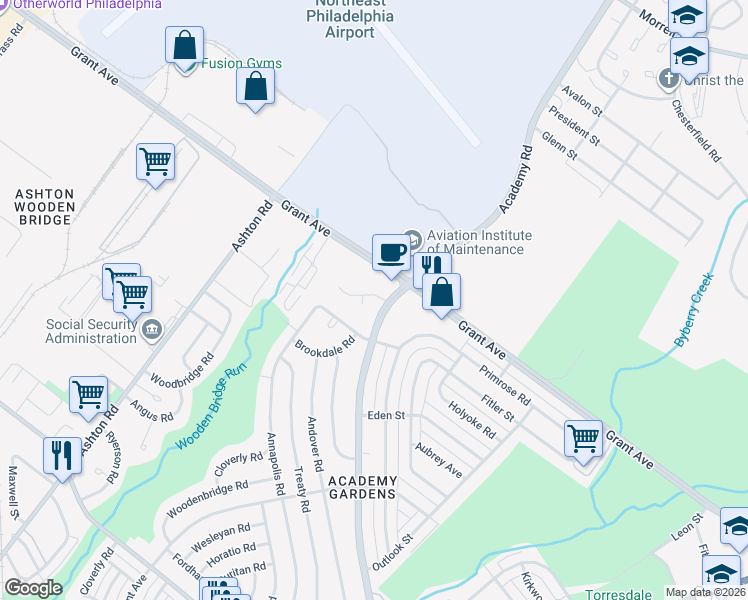 map of restaurants, bars, coffee shops, grocery stores, and more near 9410 Academy Road in Philadelphia