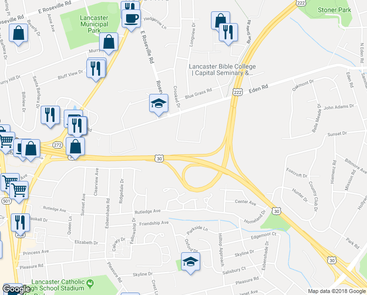 map of restaurants, bars, coffee shops, grocery stores, and more near 1650 Crooked Oak Drive in Lancaster