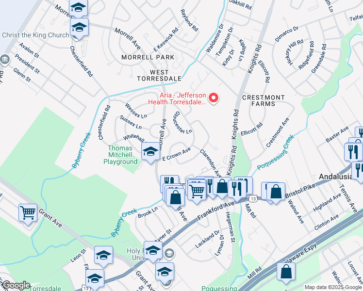 map of restaurants, bars, coffee shops, grocery stores, and more near 3601 Essex Lane in Philadelphia