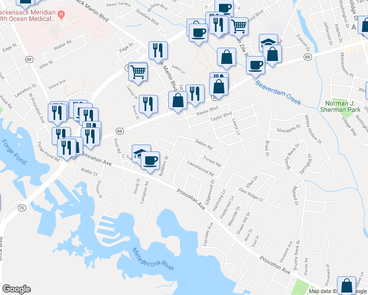 map of restaurants, bars, coffee shops, grocery stores, and more near 40 Laurelhurst Drive in Brick