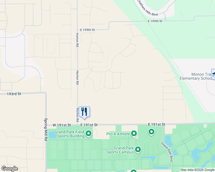 map of restaurants, bars, coffee shops, grocery stores, and more near 19323 Horton Road in Westfield