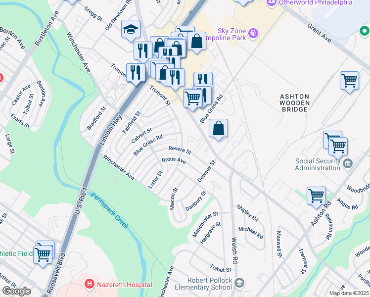 map of restaurants, bars, coffee shops, grocery stores, and more near 2675 Tremont Street in Philadelphia