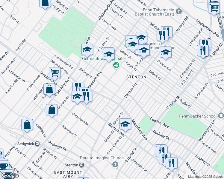 map of restaurants, bars, coffee shops, grocery stores, and more near 8029 Rodney Street in Philadelphia