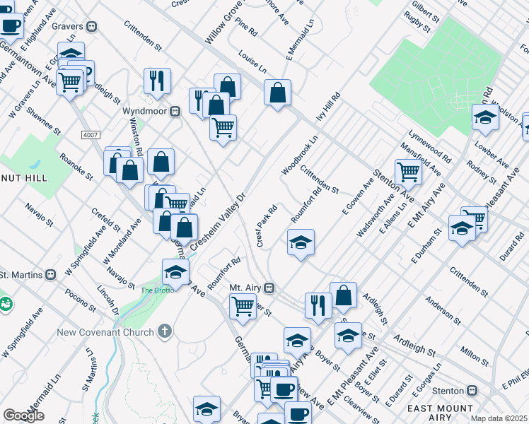 map of restaurants, bars, coffee shops, grocery stores, and more near 319 Crest Park Road in Philadelphia