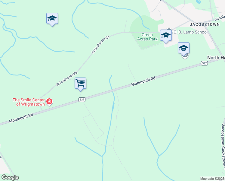 map of restaurants, bars, coffee shops, grocery stores, and more near Monmouth Road in Wrightstown