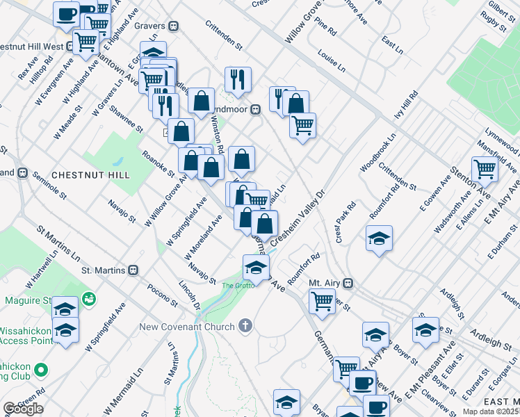 map of restaurants, bars, coffee shops, grocery stores, and more near 43 East Mermaid Lane in Philadelphia
