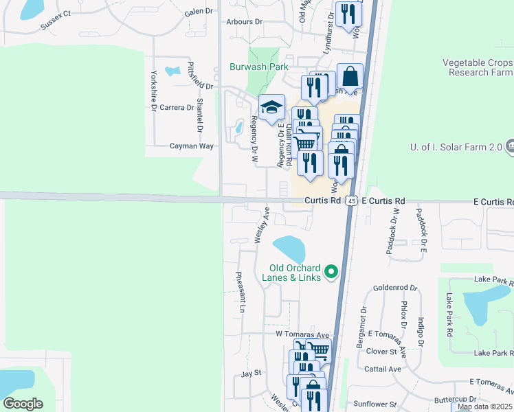 map of restaurants, bars, coffee shops, grocery stores, and more near 401 Curtis Road in Savoy