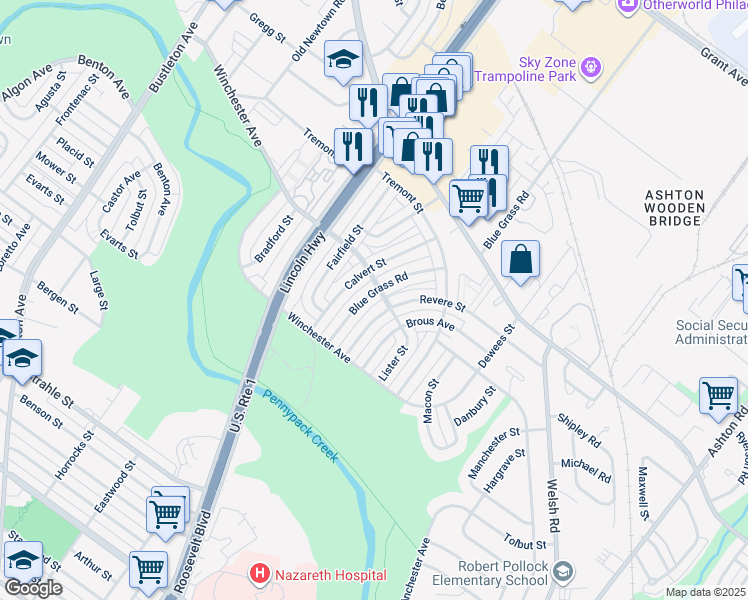 map of restaurants, bars, coffee shops, grocery stores, and more near 8847 Blue Grass Road in Philadelphia