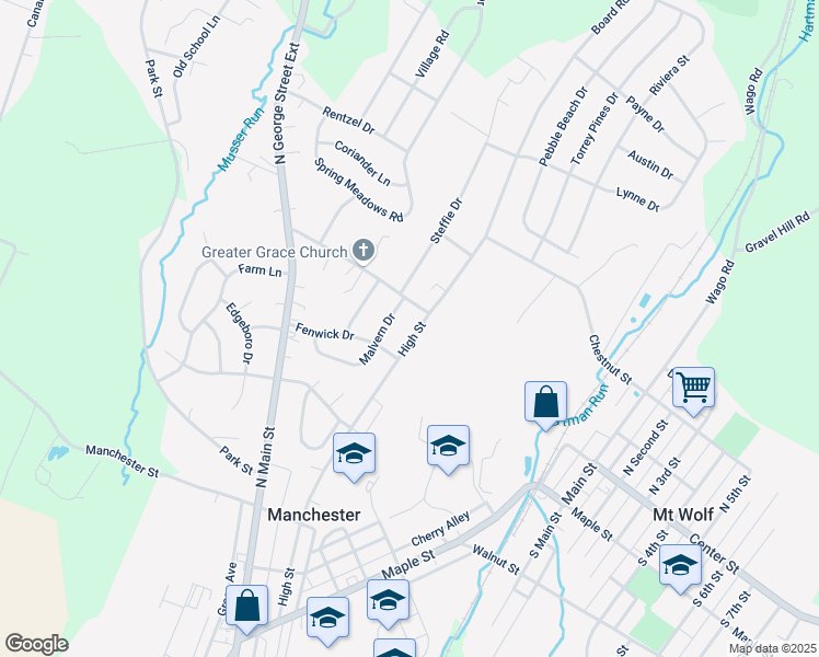 map of restaurants, bars, coffee shops, grocery stores, and more near 126 Malvern Drive in Manchester