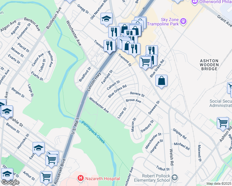 map of restaurants, bars, coffee shops, grocery stores, and more near 8847 Blue Grass Road in Philadelphia