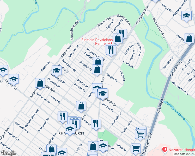 map of restaurants, bars, coffee shops, grocery stores, and more near 8332 Bustleton Avenue in Philadelphia