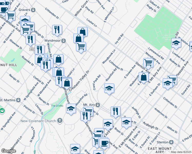 map of restaurants, bars, coffee shops, grocery stores, and more near 319 Crest Park Road in Philadelphia