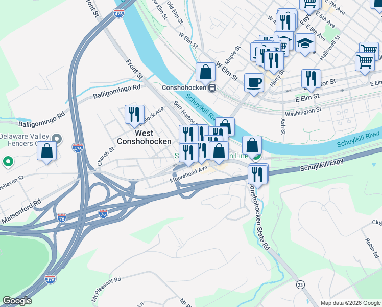 map of restaurants, bars, coffee shops, grocery stores, and more near in West Conshohocken
