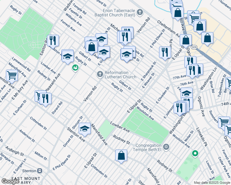 map of restaurants, bars, coffee shops, grocery stores, and more near 7911 Rugby Street in Philadelphia