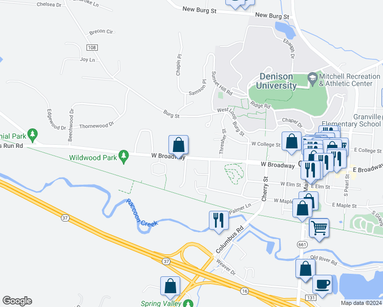 map of restaurants, bars, coffee shops, grocery stores, and more near 560 West Broadway in Granville