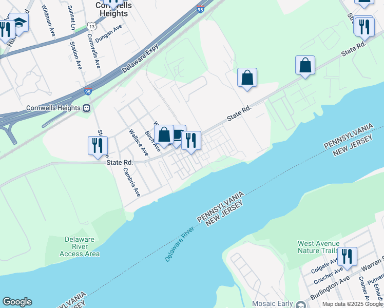 map of restaurants, bars, coffee shops, grocery stores, and more near 140 Alexandria Street in Bucks County