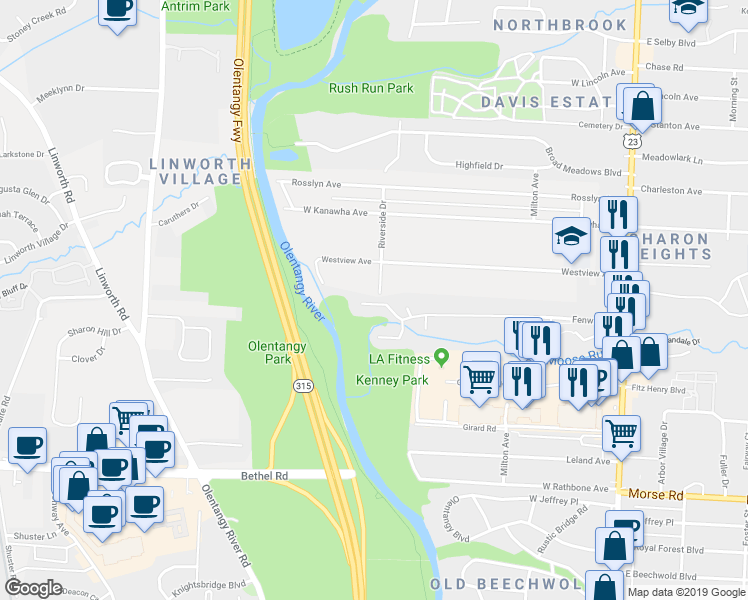 map of restaurants, bars, coffee shops, grocery stores, and more near 398 Fenway Road in Columbus