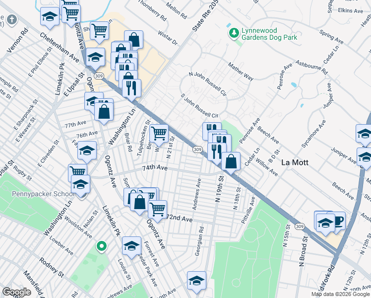 map of restaurants, bars, coffee shops, grocery stores, and more near in Elkins Park