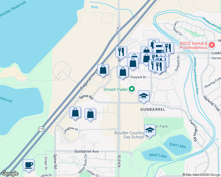 map of restaurants, bars, coffee shops, grocery stores, and more near 6295 Lookout Road in Boulder