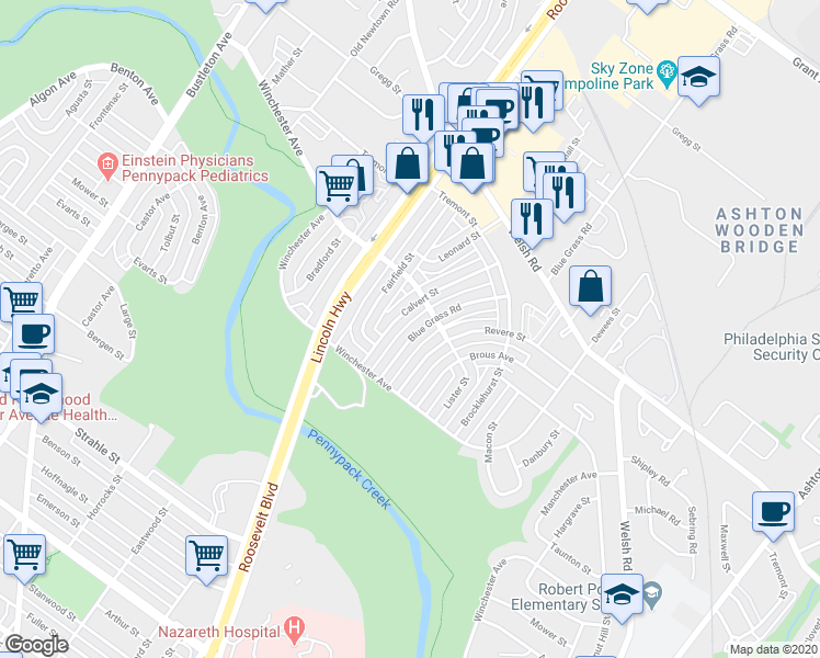 map of restaurants, bars, coffee shops, grocery stores, and more near 8857 Calvert Street in Philadelphia