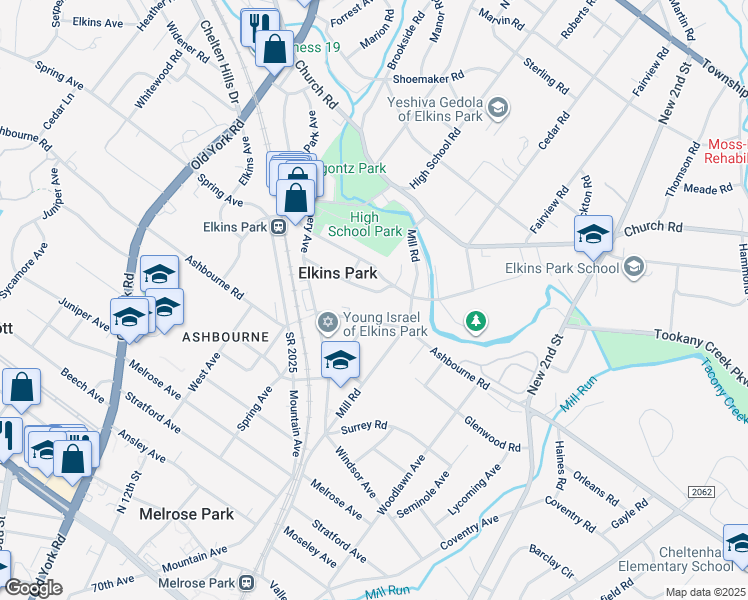 map of restaurants, bars, coffee shops, grocery stores, and more near 325 Gerard Avenue in Elkins Park