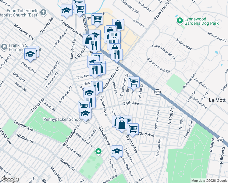 map of restaurants, bars, coffee shops, grocery stores, and more near 7509 Briar Road in Philadelphia