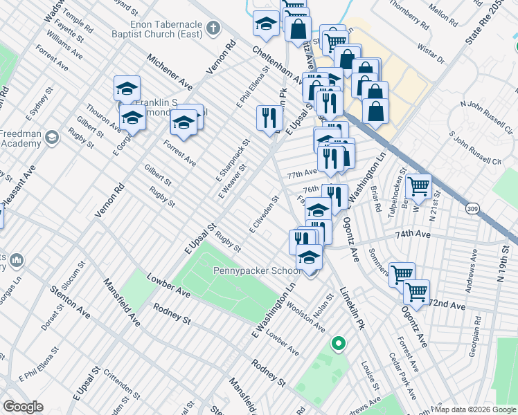 map of restaurants, bars, coffee shops, grocery stores, and more near 7624 Williams Avenue in Philadelphia