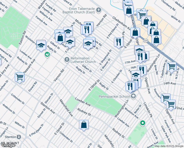 map of restaurants, bars, coffee shops, grocery stores, and more near 7800 Gilbert Street in Philadelphia