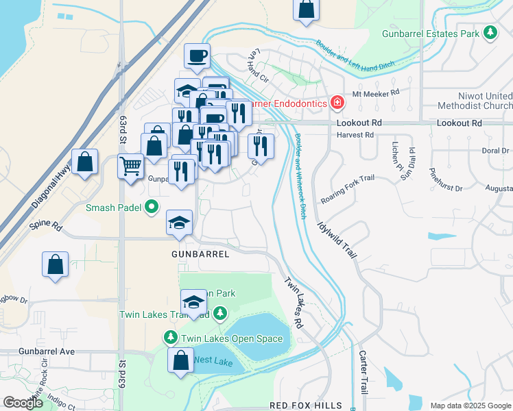 map of restaurants, bars, coffee shops, grocery stores, and more near 5107 Williams Fork Trail in Boulder