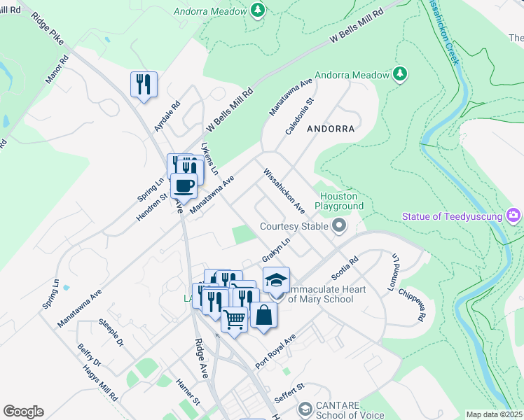 map of restaurants, bars, coffee shops, grocery stores, and more near 8725 Lykens Lane in Philadelphia
