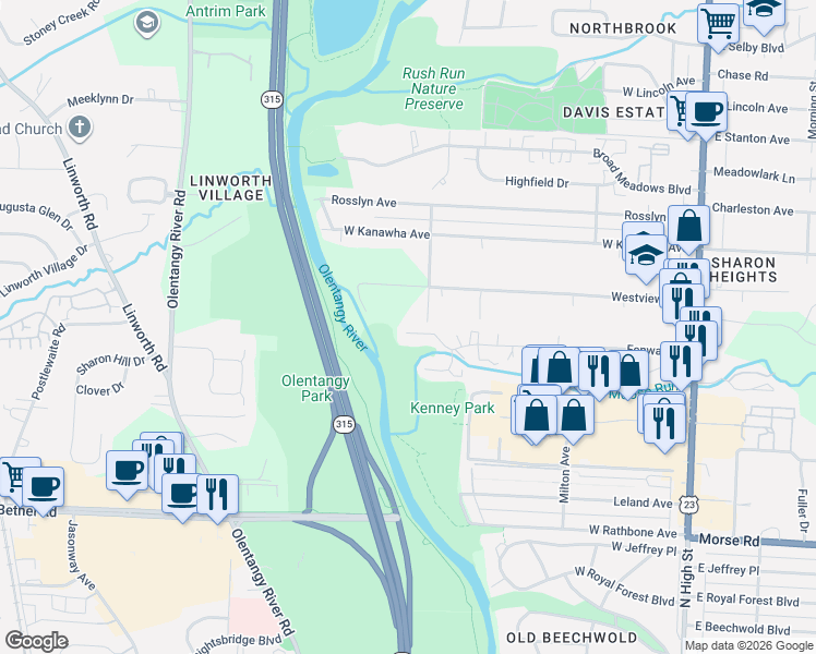 map of restaurants, bars, coffee shops, grocery stores, and more near 5255 Riverside Drive in Columbus