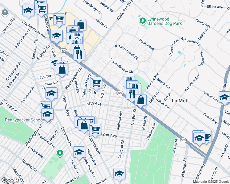map of restaurants, bars, coffee shops, grocery stores, and more near 1988 West Cheltenham Avenue in Philadelphia