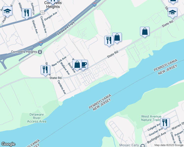 map of restaurants, bars, coffee shops, grocery stores, and more near 117 Prince George Street in Bensalem