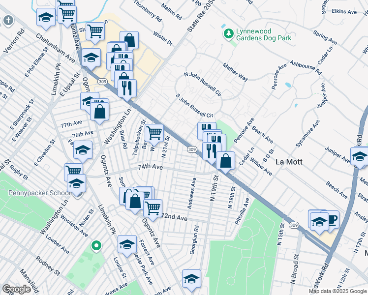 map of restaurants, bars, coffee shops, grocery stores, and more near 1990 West Cheltenham Avenue in Philadelphia