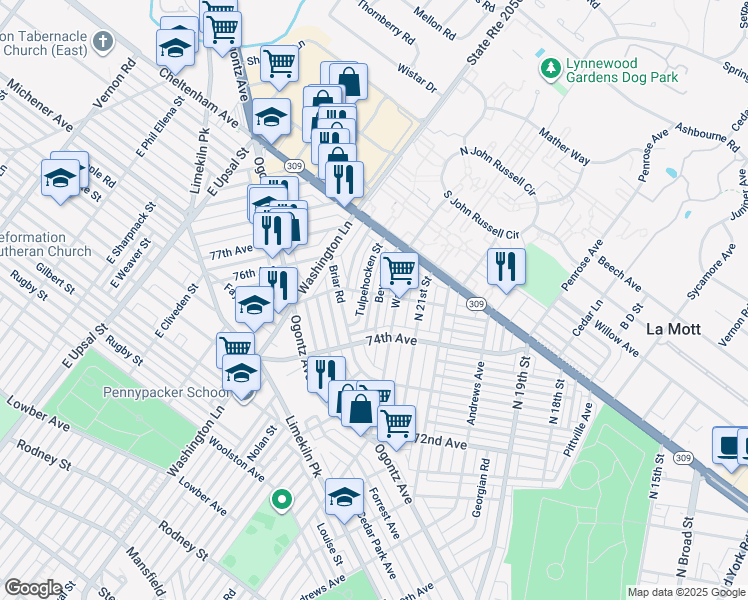 map of restaurants, bars, coffee shops, grocery stores, and more near 7458 Beverly Road in Philadelphia
