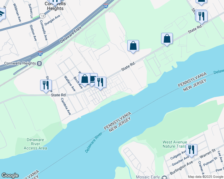 map of restaurants, bars, coffee shops, grocery stores, and more near 140 Alexandria Street in Bucks County