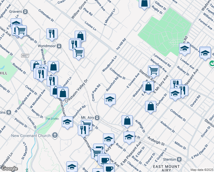 map of restaurants, bars, coffee shops, grocery stores, and more near 349 Roumfort Road in Philadelphia