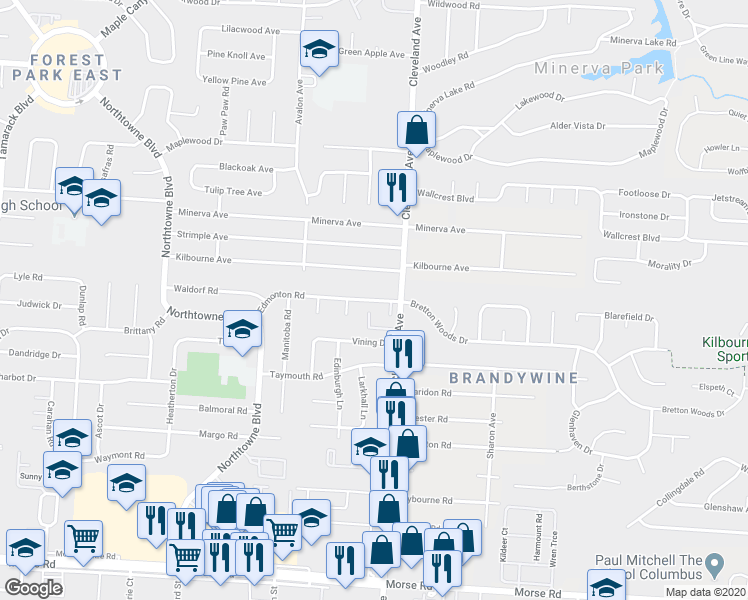 map of restaurants, bars, coffee shops, grocery stores, and more near 2437 Edmonton Road in Columbus