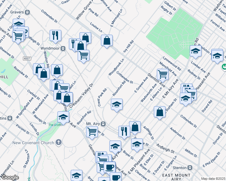 map of restaurants, bars, coffee shops, grocery stores, and more near 349 Roumfort Road in Philadelphia