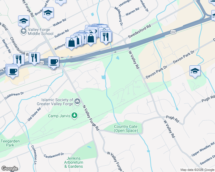map of restaurants, bars, coffee shops, grocery stores, and more near 447 Old Forge Crossing in Devon