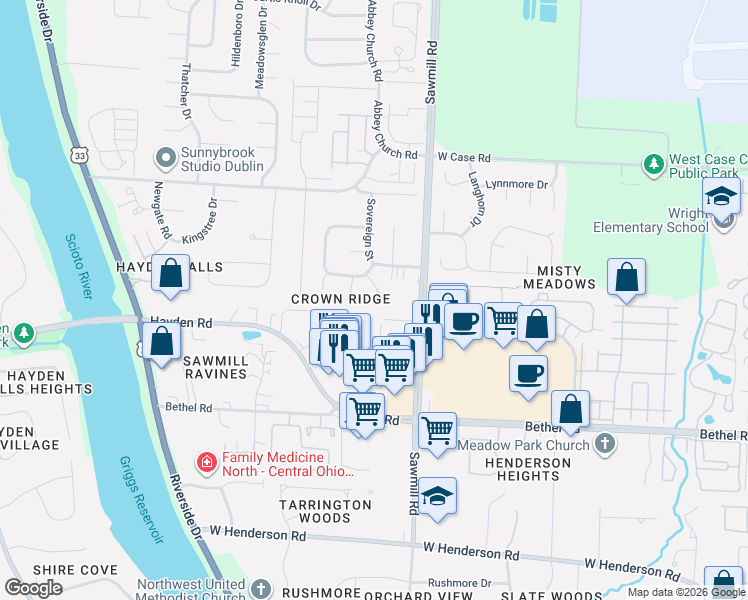 map of restaurants, bars, coffee shops, grocery stores, and more near 5627 Longbow Lane in Columbus